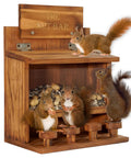 Wooden Squirrel Picnic Table Feeder with durable solid frame, clear acrylic feeding panel, and bar stool design for wildlife.
