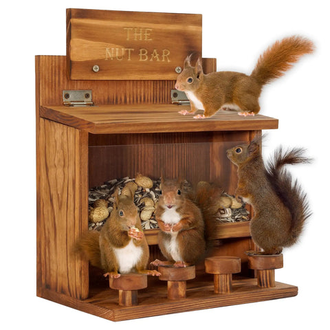 Wooden Squirrel Picnic Table Feeder with durable solid frame, clear acrylic feeding panel, and bar stool design for wildlife.