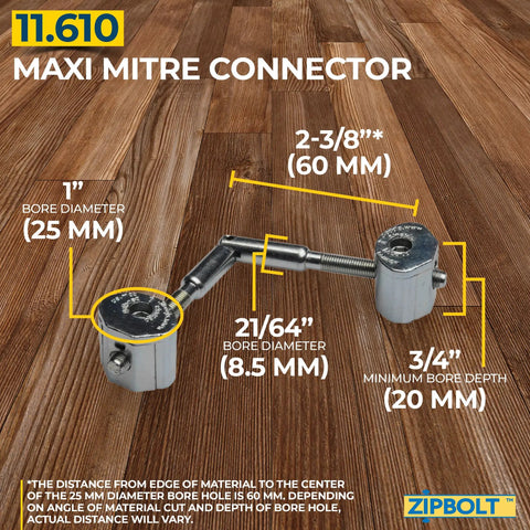 Maxi Miter Connector Bulk Pack For Stair Handrails Adjustable 90 To 180 Degree Railbolt Kit with dimensions on wood floor.