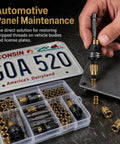 Automotive panel maintenance with Rivet Nut Kit With Organizer Box M3 Through M8 Drill Adapter Set Includes 10 Pcs Per Model With Custom Slots For Mandrels And Hardware, installed on metal plate