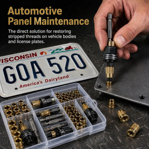 Automotive panel maintenance with Rivet Nut Kit With Organizer Box M3 Through M8 Drill Adapter Set Includes 10 Pcs Per Model With Custom Slots For Mandrels And Hardware, installed on metal plate