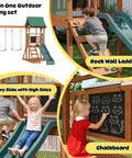 Children playing on the Tough As Nails Wood Backyard Swing Set With Wave Slide, Rock Wall, Belt Swings, Play Deck, Chalkboard, And Canopy Roof.