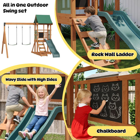 Children playing on the Tough As Nails Wood Backyard Swing Set With Wave Slide, Rock Wall, Belt Swings, Play Deck, Chalkboard, And Canopy Roof.