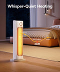 25 Inch Infrared Space Heater 1500W with remote showing quiet heating in a bedroom; fast warm up, 15-hour timer.