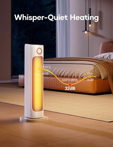 25 Inch Infrared Space Heater 1500W with remote showing quiet heating in a bedroom; fast warm up, 15-hour timer.