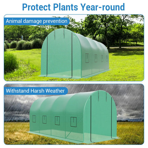 Walk-In Tunnel Greenhouse 15x7x7 Ft Backyard Ready Garden Shelter With Built Tough Galvanized Steel Hoops Green PE Cover Roll Up Zipper Door And Eight Vent Windows For Year Round Growing
