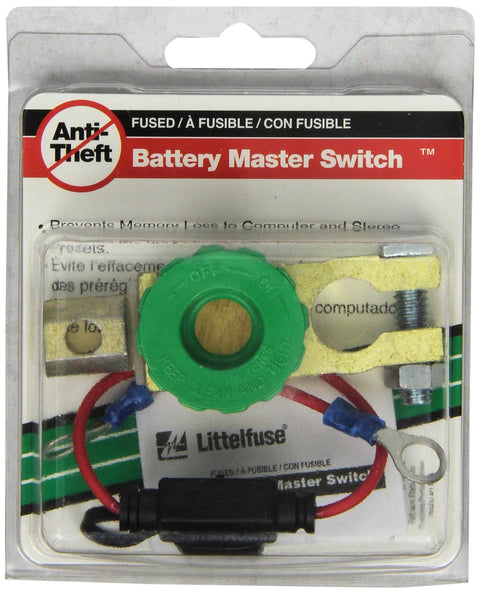 Littelfuse ATD300BP Anti-Theft Battery Master Switch front view with green knob and wiring in package
