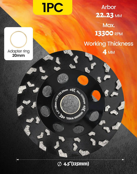 4.5 Inch Diamond Cup Wheel For Aggressive Concrete Grinding And Coating Removal 30 To 40 Grit With Seven Eighths Inch Arbor