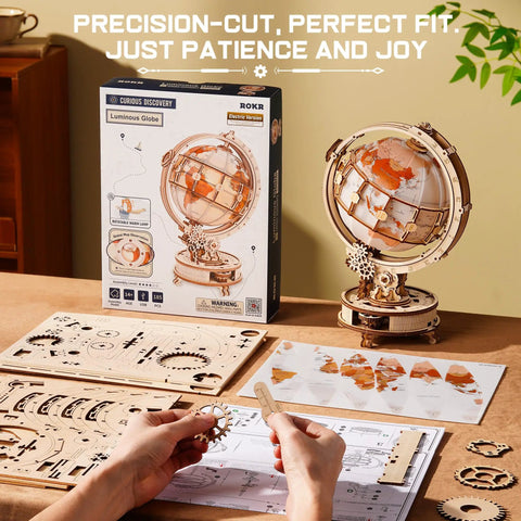 Illuminated Rotating Wooden Globe Puzzle Night Light Kit 185 Piece 3D Geography Model For Adults And Teens 14 Plus No Glue Needed Learn While You Build Hands On assembled on desk