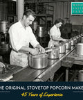 Premium Stainless Steel Stove Top Popcorn Maker With Patented Stirring Gears for quick production in a factory setting.