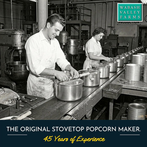 Premium Stainless Steel Stove Top Popcorn Maker With Patented Stirring Gears for quick production in a factory setting.