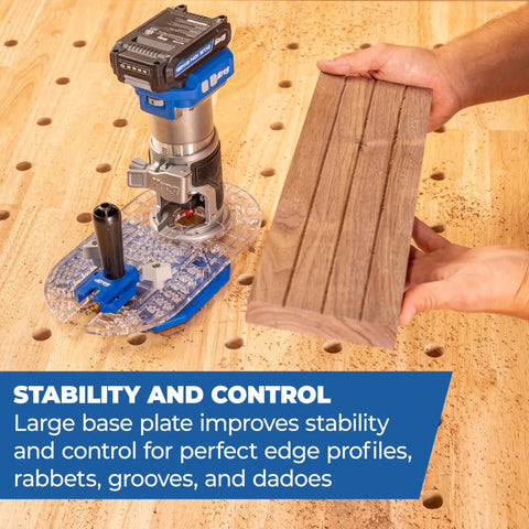 Top Shelf Trim Router Edge Guide With An Ergonomic Grip For Bullseye Precision On Standard Wood Routers shows stable base plate with wood.