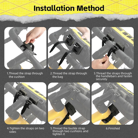 Installation steps for 2.8L Waterproof Front Tube Bag on bike handlebars, shown in six detailed images