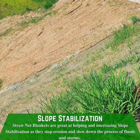 Straw Erosion Control Blanket For Lawns And Slopes No Nonsense Moisture Retention Garden Cover Mulch And Seed Protector installed on a slope.