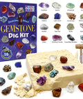 Gem Stone Dig Kit with 16 Real Gems and Crystals including Quartz Point and Amethyst, STEM Education, kids mining science activity box.