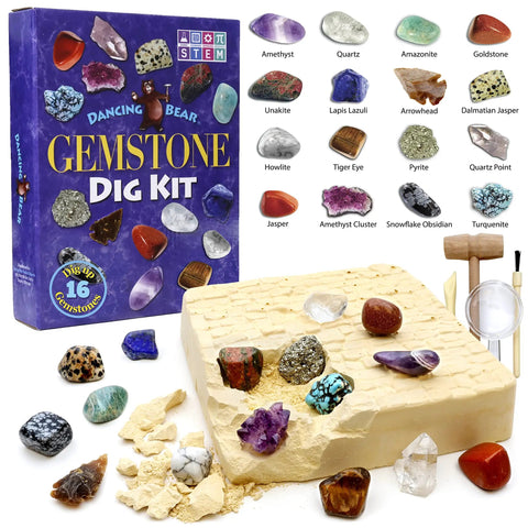 Gem Stone Dig Kit with 16 Real Gems and Crystals including Quartz Point and Amethyst, STEM Education, kids mining science activity box.