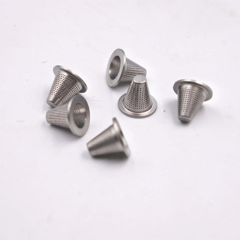 Front view of stainless steel witches hat perforated waterjet filter cones for short-stop filter, set of five