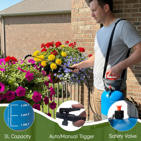 Man using Telescoping Indoor Plant Waterer With Pump Sprayer Brass Wand And 180 Degree Adjustable Nozzle for hanging baskets