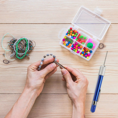 Hands using 21-Piece Drill Bit Set With Pin Vise For Jewelry Bead Making And Tiny Wood Carving, Includes Numbers 61 To 80, crafting beads.