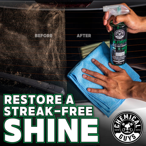 Car rear window showing before and after cleaning with blue towel and Chemical Guys spray for a streak-free shine.