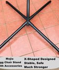 Heavy Duty Hanging Egg Chair Stand For Patio With C Stand Chain And Hook No Fuss Easy Setup 360 Degree Rotation 440 Lb Capacity Powder Coated Alloy Steel Frame Sturdy X Base Pins And Springs Included, close-up of X-shaped base on tiles.
