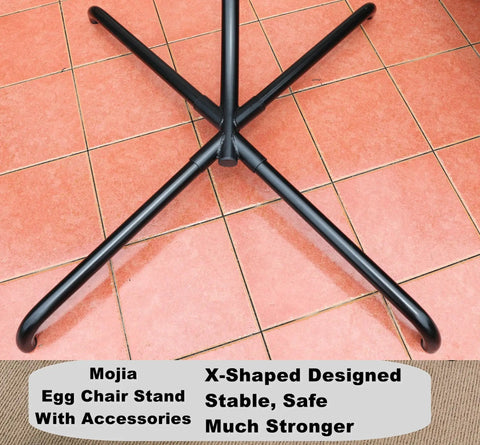 Heavy Duty Hanging Egg Chair Stand For Patio With C Stand Chain And Hook No Fuss Easy Setup 360 Degree Rotation 440 Lb Capacity Powder Coated Alloy Steel Frame Sturdy X Base Pins And Springs Included, close-up of X-shaped base on tiles.