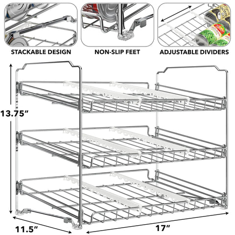 Solid As Rocks 3 Tier Stackable Can Organizer Rack Holds 36 Cans Chrome Pantry Storage Kitchen Counter Space Saver with adjustable dividers.