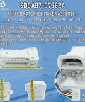 Refrigerator Ice Maker Assembly Replacement DA97-07592A 2051096 with 12-pin connector layout and measurements on blue background.