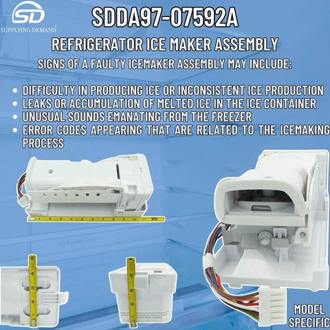 Refrigerator Ice Maker Assembly Replacement DA97-07592A 2051096 with 12-pin connector layout and measurements on blue background.