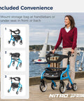 Heavy Duty Tall Rollator Walker With Comfy Seat Straight Up Built Tough Aluminum Frame Supports 350 Pounds No Sweat One Hand Fold Slick Blue Mobility Aid For Tall Grownups with storage bag option.