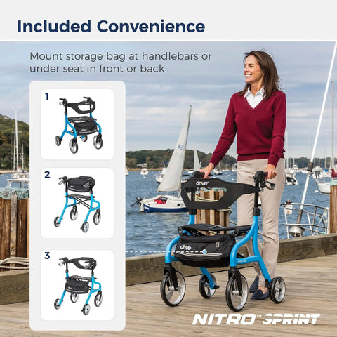 Heavy Duty Tall Rollator Walker With Comfy Seat Straight Up Built Tough Aluminum Frame Supports 350 Pounds No Sweat One Hand Fold Slick Blue Mobility Aid For Tall Grownups with storage bag option.