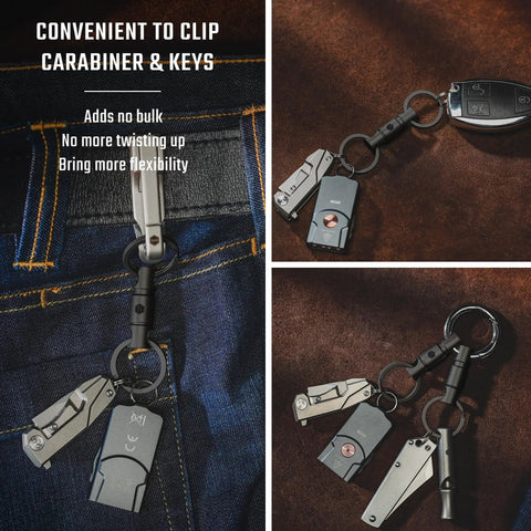 Titanium Detachable Key Ring Connector With Double End Swivel, Rotating Key Organizer attached to jeans and keys.