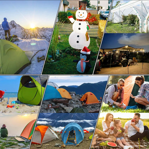 Collage of camping scenes with tents in varied terrains, showcasing Eight Pack Heavy Duty Tent Stakes 12 Inch Steel Pegs for secure setup.