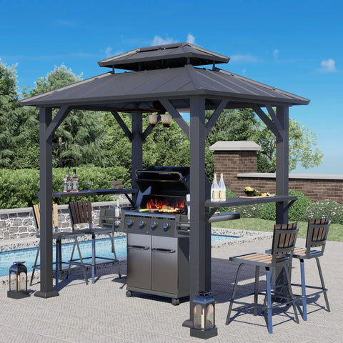 Outdoor Hardtop Grill Gazebo With Galvanized Steel Double Roof And Aluminum Frame, Two Side Shelves, 8x6 Ft Patio Canopy