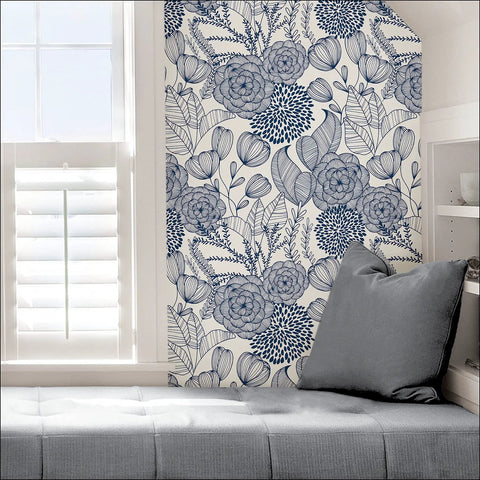 Navy Floral Peel And Stick Wallpaper From Secret Garden Pattern Safe For Walls No Mess Residue Free And Easily Removable Repositionable