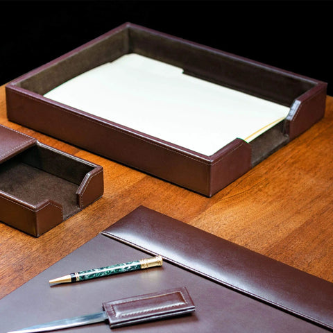 Premium Bonded Leather Desktop Letter Tray Organizer For Your Desk With Luxury Letter Holder And Paper Organizer For Office And Executive Desk Decor In Dark Brown