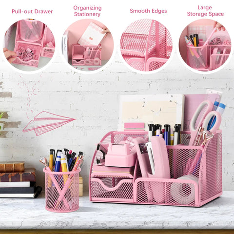 Must Have 11 Pcs Pink Office Supplies Set With Desk Organizer, Pencil Holder, Stapler, Tape Dispenser for Home Office School
