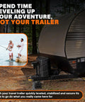 Image of a trailer at a campsite with text highlighting quick setup using the Complete Two Axle Travel Trailer Leveling And Stability Kit With Hitch Stand, Stabilizer Pads, Wheel Chocks, Hitch Lock, Custom Bags, Drill Bit And Precision Level For Secure Campsites.