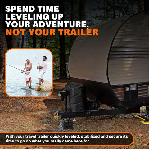 Image of a trailer at a campsite with text highlighting quick setup using the Complete Two Axle Travel Trailer Leveling And Stability Kit With Hitch Stand, Stabilizer Pads, Wheel Chocks, Hitch Lock, Custom Bags, Drill Bit And Precision Level For Secure Campsites.