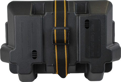 PowerGuard 24 Vented Battery Box For Group 24 Batteries With Strap And Mounting Hardware Black Durable Acid Resistant Polypropylene Built For Marine And RV Use Fits Batteries Up To 10.125 Inches Tall, front view with vented lid