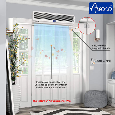 36 Inch Slim Indoor Air Curtain FM-1209T Delivers 1100 CFM Of Power With Quiet Operation installed above doorway, remote included