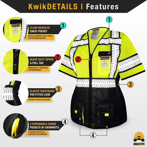 Women Class 3 High Visibility Safety Vest Featuring Cinched Elastic Waist Four Roomy Utility Pockets Snug Contour Tailored Hustle Ready Workday Essential with heavy duty zipper and chest pocket.