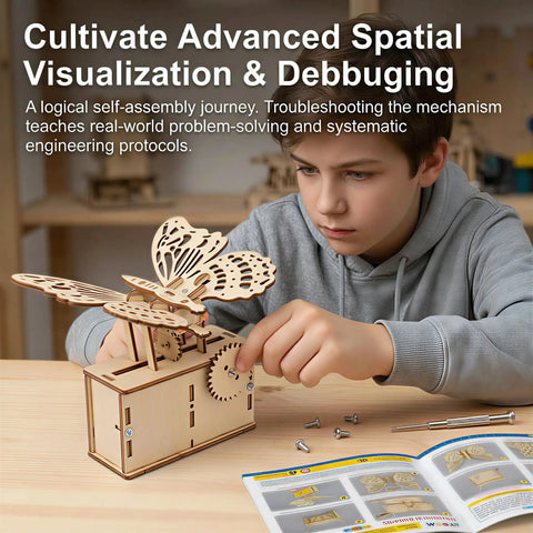 Child assembling DIY Wooden Butterfly Gear Kit For STEM Learning And Physics Teaching Cool Hands On Classroom Demonstration Tool