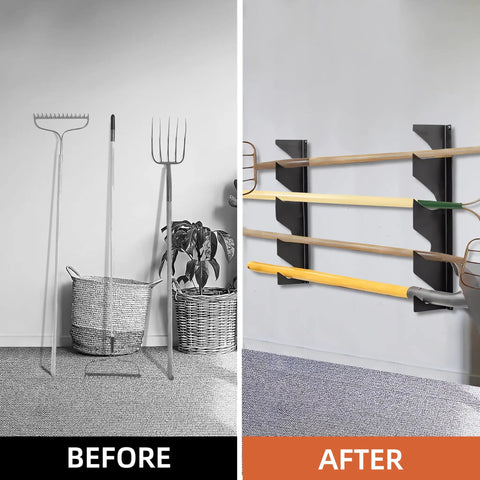 Heavy Duty Wall Mount Garage Tool Organizer Rack for no fuss long handled gear like shovels, rakes, brooms, 250 lbs capacity setup