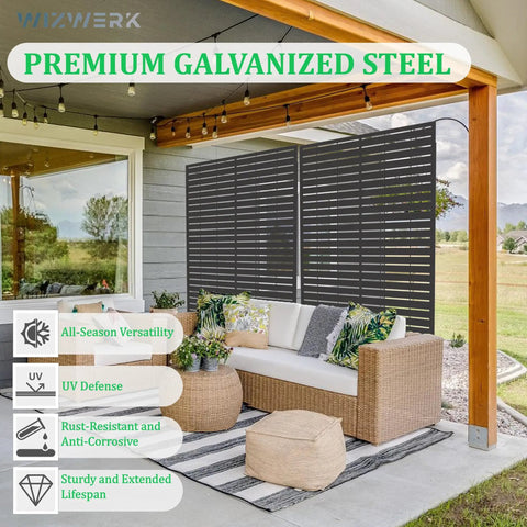 Outdoor seating area with Six Foot Outdoor Metal Privacy Screen Freestanding Privacy Fence Room Divider For Patio Garden Balcony.