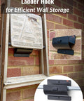 Rock Solid Heavy Duty Ladder Hook Wall Mount, Black Carbon Steel Garage Storage Hanger mounted on wall with ladder.