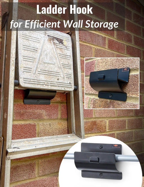 Rock Solid Heavy Duty Ladder Hook Wall Mount, Black Carbon Steel Garage Storage Hanger mounted on wall with ladder.