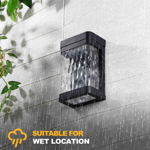 Lit LED Porch Light Dusk To Dawn Wall Sconce With Bubble Glass, exterior waterproof fixture under rain showcasing durability
