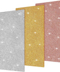Front view: three glitter acrylic sheets in silver, gold, pink; 6.3 x 11.4 in, 2.5 mm thick for laser cutting