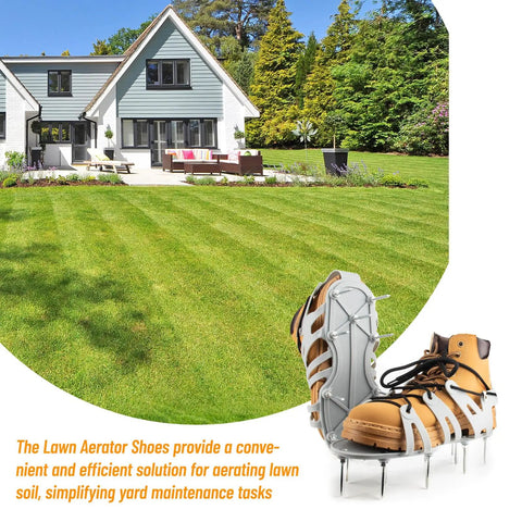Lawn Aerator Shoes With Wrap Around Lacing And Spiked Soles For Easy Grass Aeration shown with a green lawn in the background